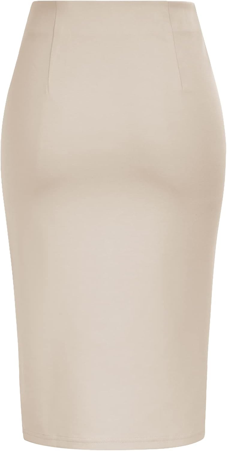 Women Skirt Elastic High Waist Bow Tie Knee Length Stretch Bodycon Pencil Skirts with Slit