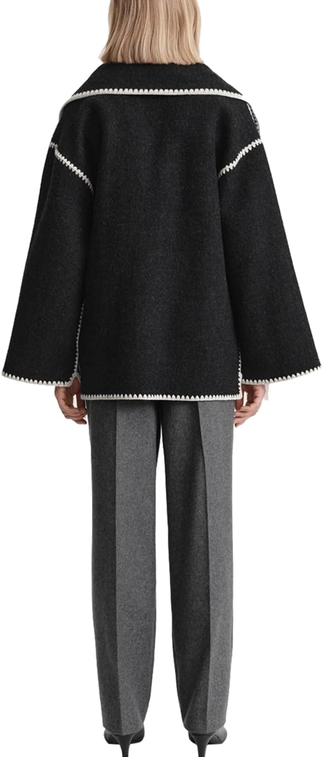 Women Winter Wool Coats Embroidered Button Down Woolen Blend Trench Coat with Tassel Scarf