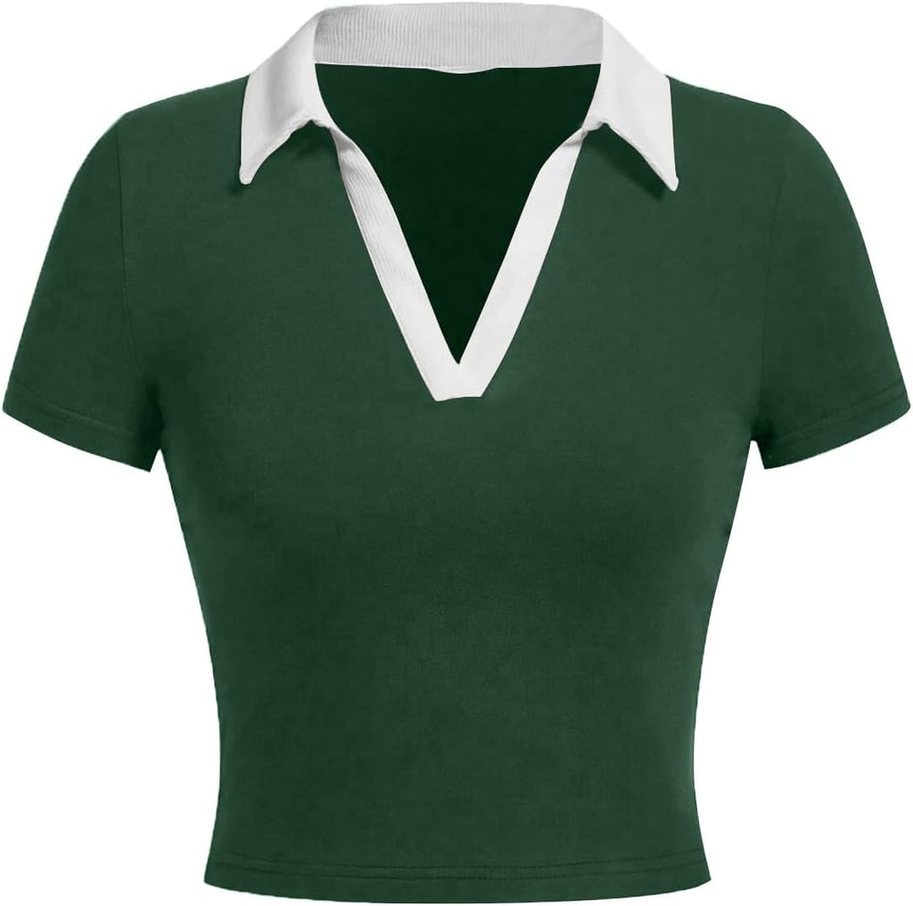 Women Polo Collared V Neck Tee Shirts Ringer Short Sleeve Crop Tops