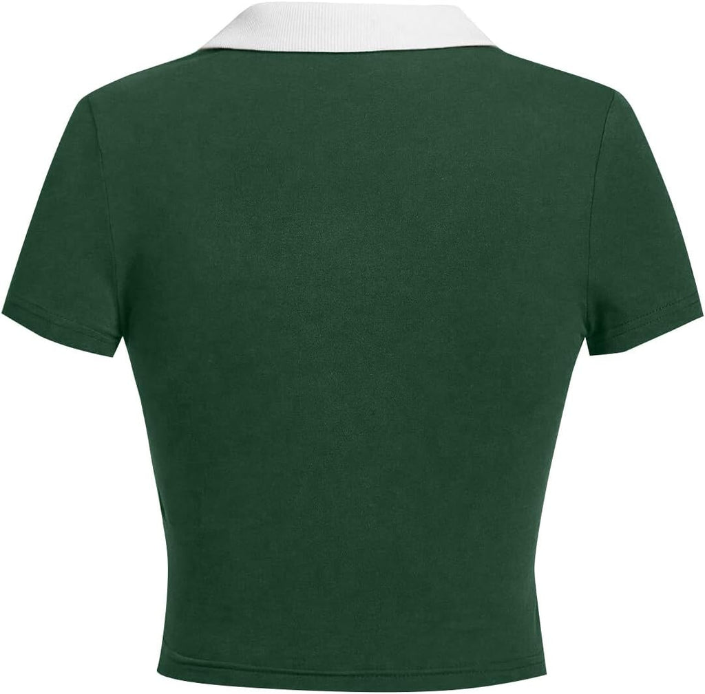 Women Polo Collared V Neck Tee Shirts Ringer Short Sleeve Crop Tops