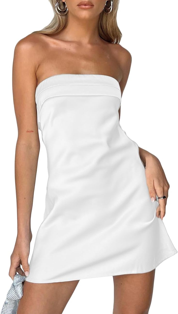 Women Satin Silk Backless Strapless Mini Dress Sexy Low Back Tube Club Party Dress for Women