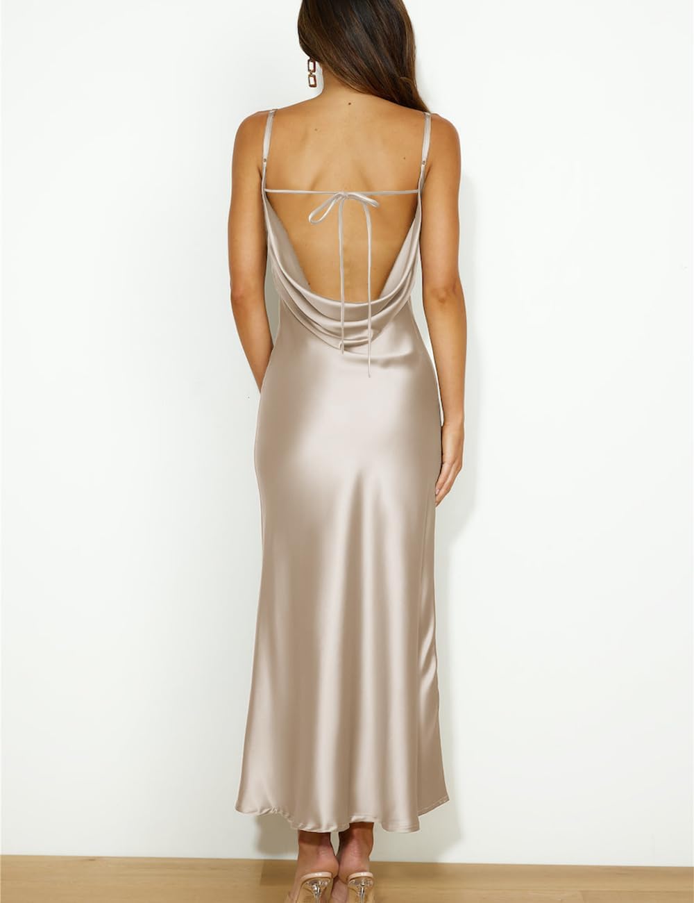 Summer Satin Spaghetti Strap Cowl Neck Backless Midi Dresses for Women Elegant Tie Low Back Ruched Cocktail Dress