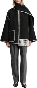 Women Winter Wool Coats Embroidered Button Down Woolen Blend Trench Coat with Tassel Scarf