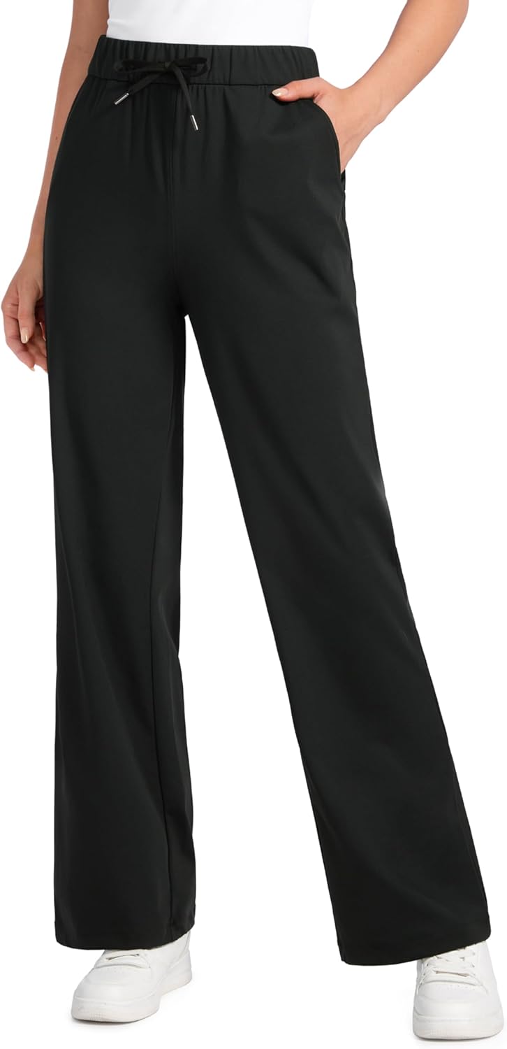 4-Way Stretch Casual Pants for Women 30.5" Straight Wide Leg Work Pants with Pockets