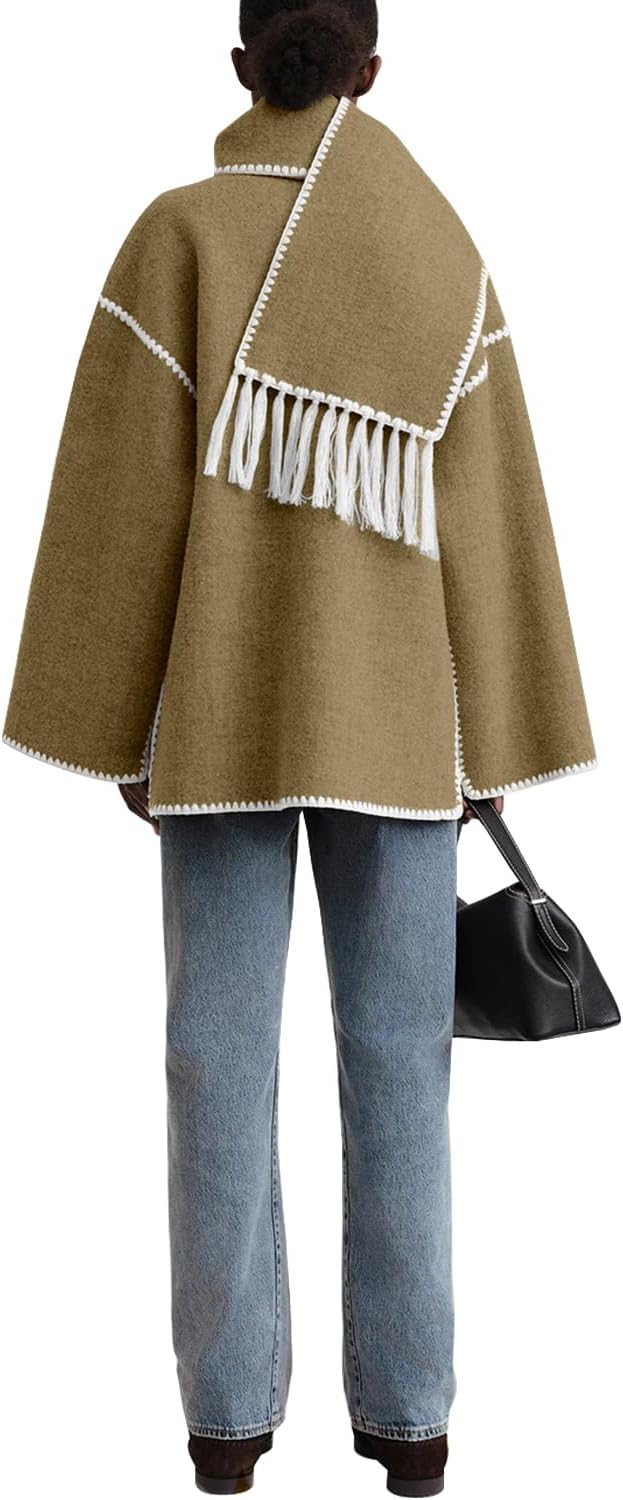 Women Winter Wool Coats Embroidered Button Down Woolen Blend Trench Coat with Tassel Scarf