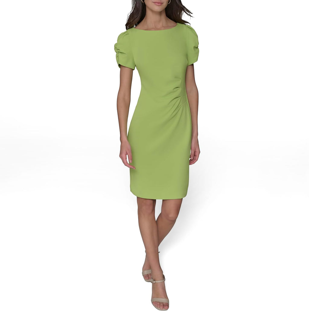 Women Short Ruched Sleeve Jewel Neck Sheath Mini Dress