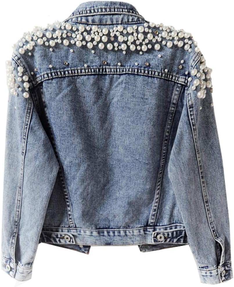 Women Jean Jacket Embroidered Rivet Pearl Short Denim Jacket Coat