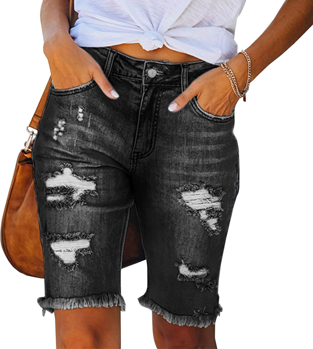 Women Jean Shorts High Waisted Denim Bermuda Shorts Ripped Distressed Knee Length Stretch Denim Jean Short