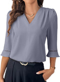 Women 3/4 Sve Tops Dressy Casual Pleated V Neck Business Work Blouses Office Shirts
