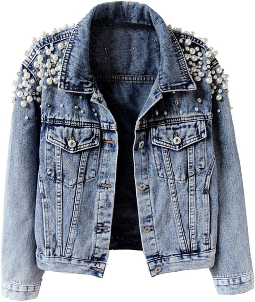 Women Jean Jacket Embroidered Rivet Pearl Short Denim Jacket Coat