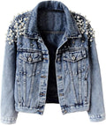 Women Jean Jacket Embroidered Rivet Pearl Short Denim Jacket Coat
