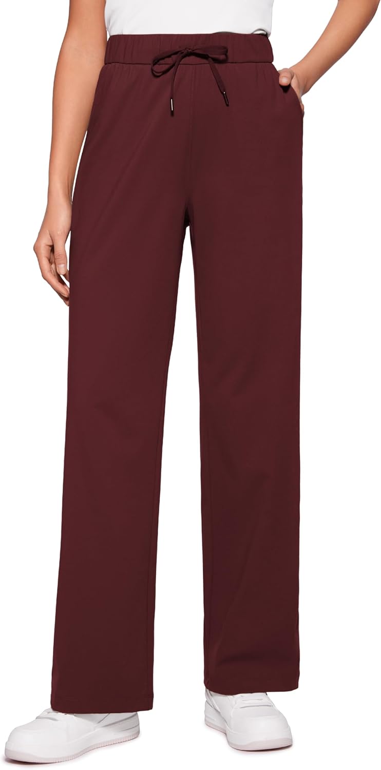 4-Way Stretch Casual Pants for Women 30.5" Straight Wide Leg Work Pants with Pockets