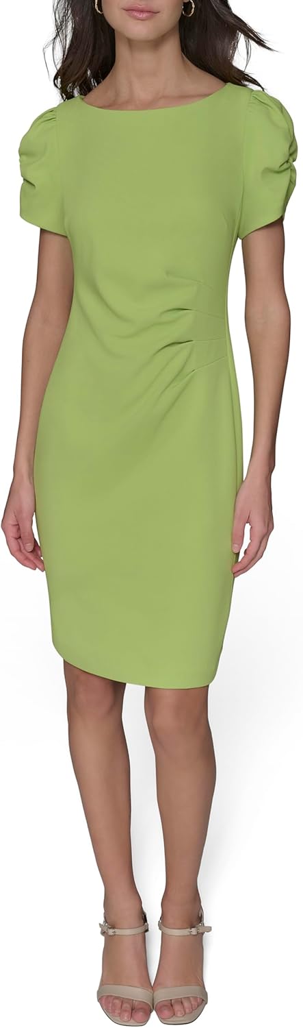 Women Short Ruched Sleeve Jewel Neck Sheath Mini Dress