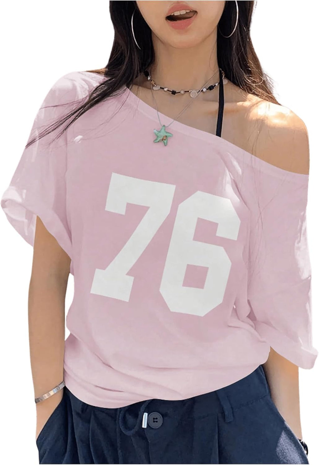 Women Off The Shoulder Letter Graphic Tees Shirts Jersey Short Sleeve Summer Tee Tops