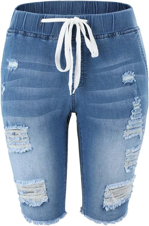 Women Denim Ripped Bermuda Shorts Distressed Knee Length Stretch Short Jeans