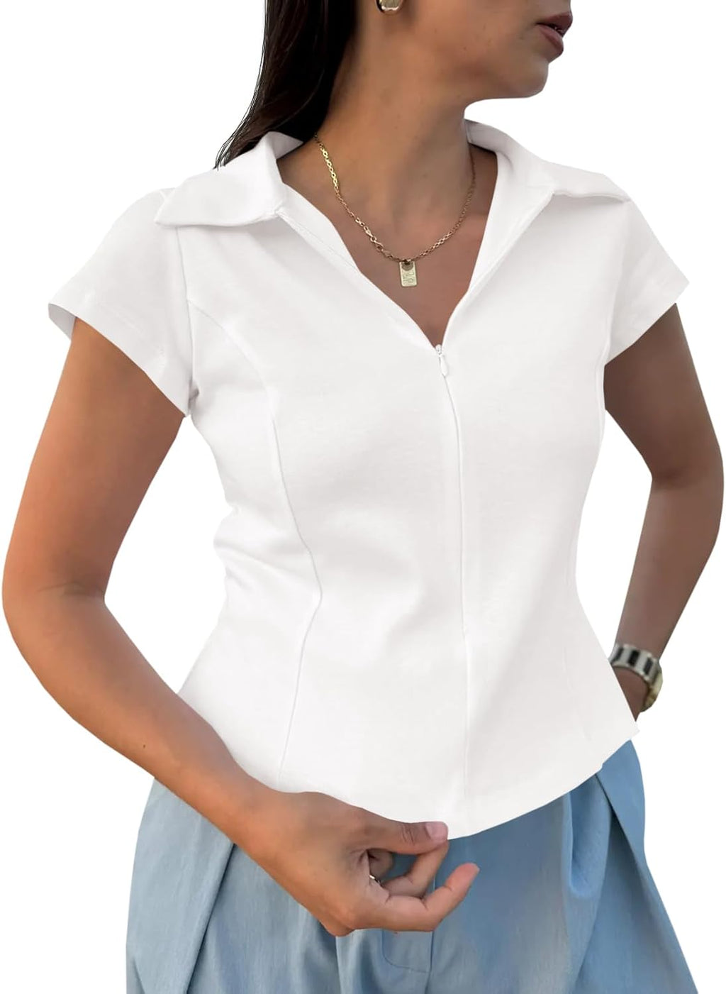 Women Short Sleeve Collared Polo Shirts Fitted Cotton Blouse Summer Casual V Neck Tops
