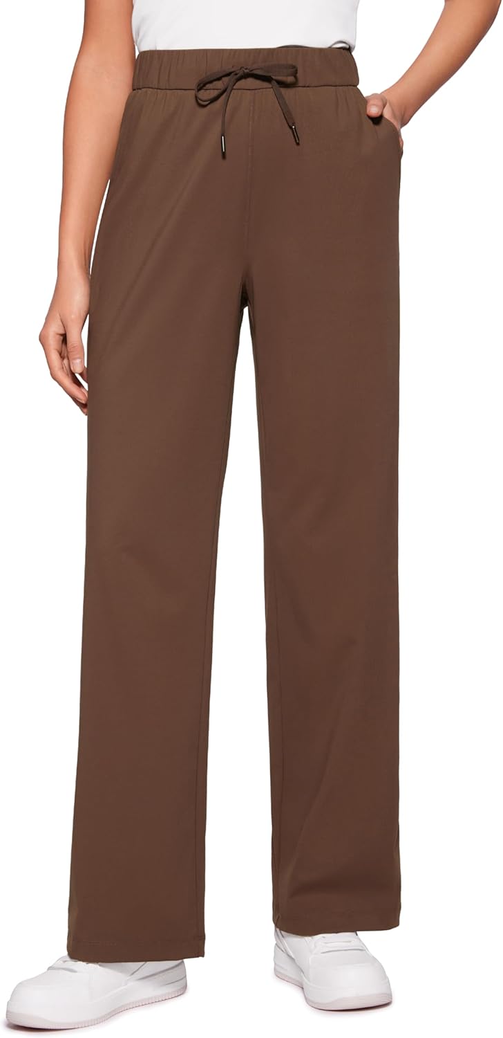 4-Way Stretch Casual Pants for Women 30.5" Straight Wide Leg Work Pants with Pockets