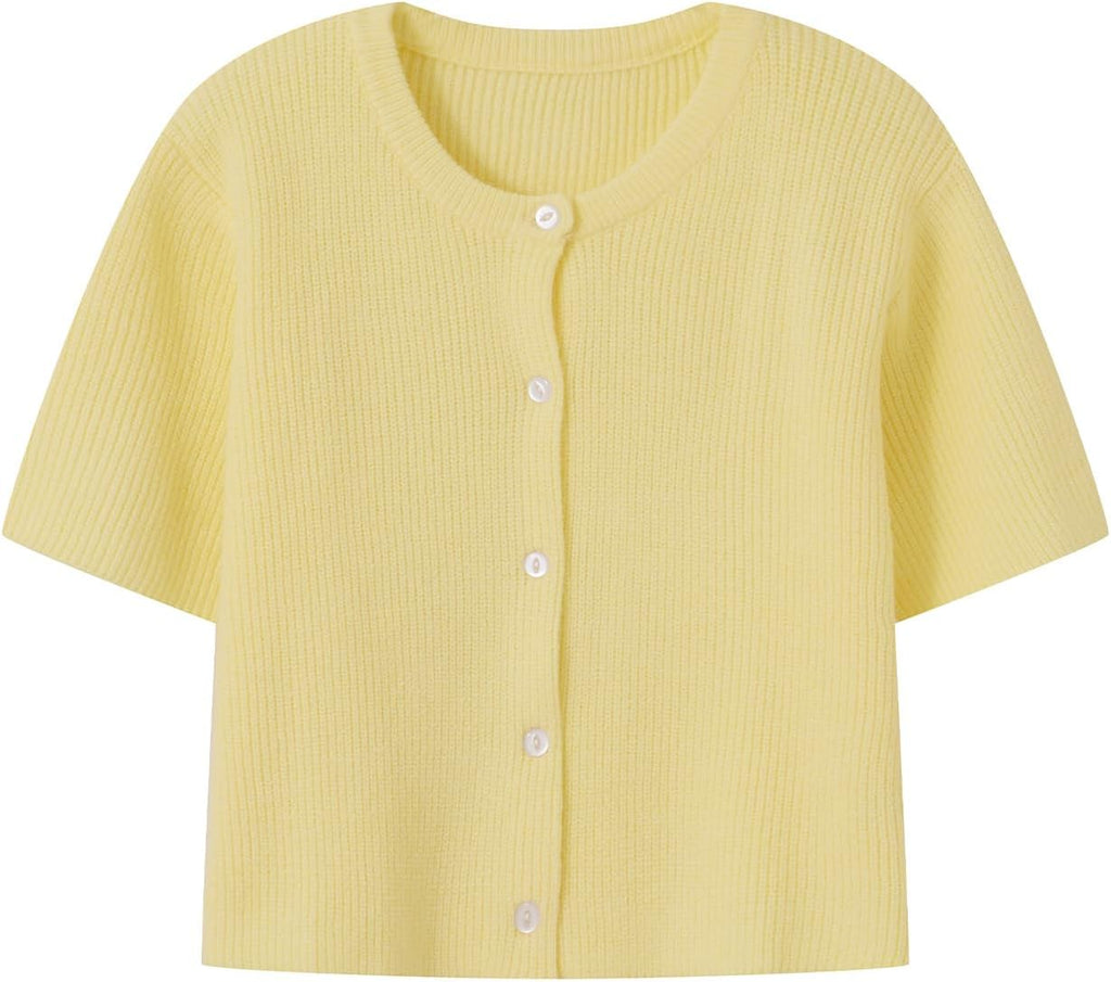 Women  Knitted Crop Cardigan Short Sleeve Button Up Rib Knit Solid Color Cute Sweater Shirt