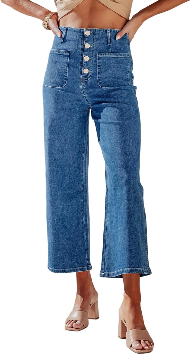 Women Wide Leg Jeans High Waisted  Stretchy Straight Leg Jeans Buttoned Loose Denim Pants with Pocket