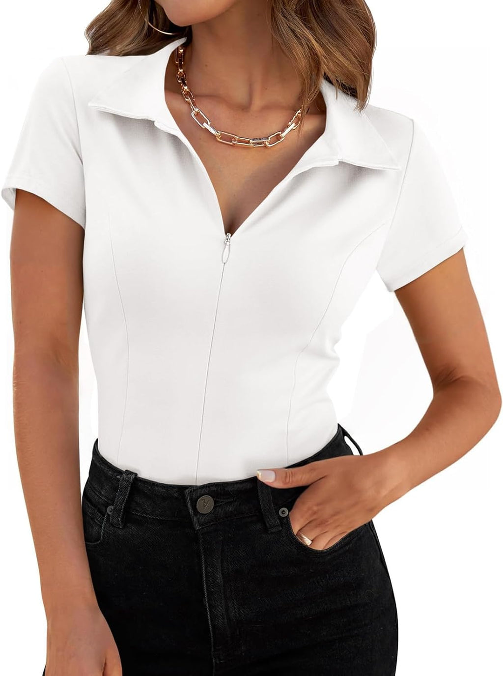 Women Short Sleeve Collared Polo Shirts Fitted Cotton Blouse Summer Casual V Neck Tops
