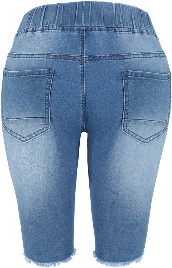 Women Denim Ripped Bermuda Shorts Distressed Knee Length Stretch Short Jeans