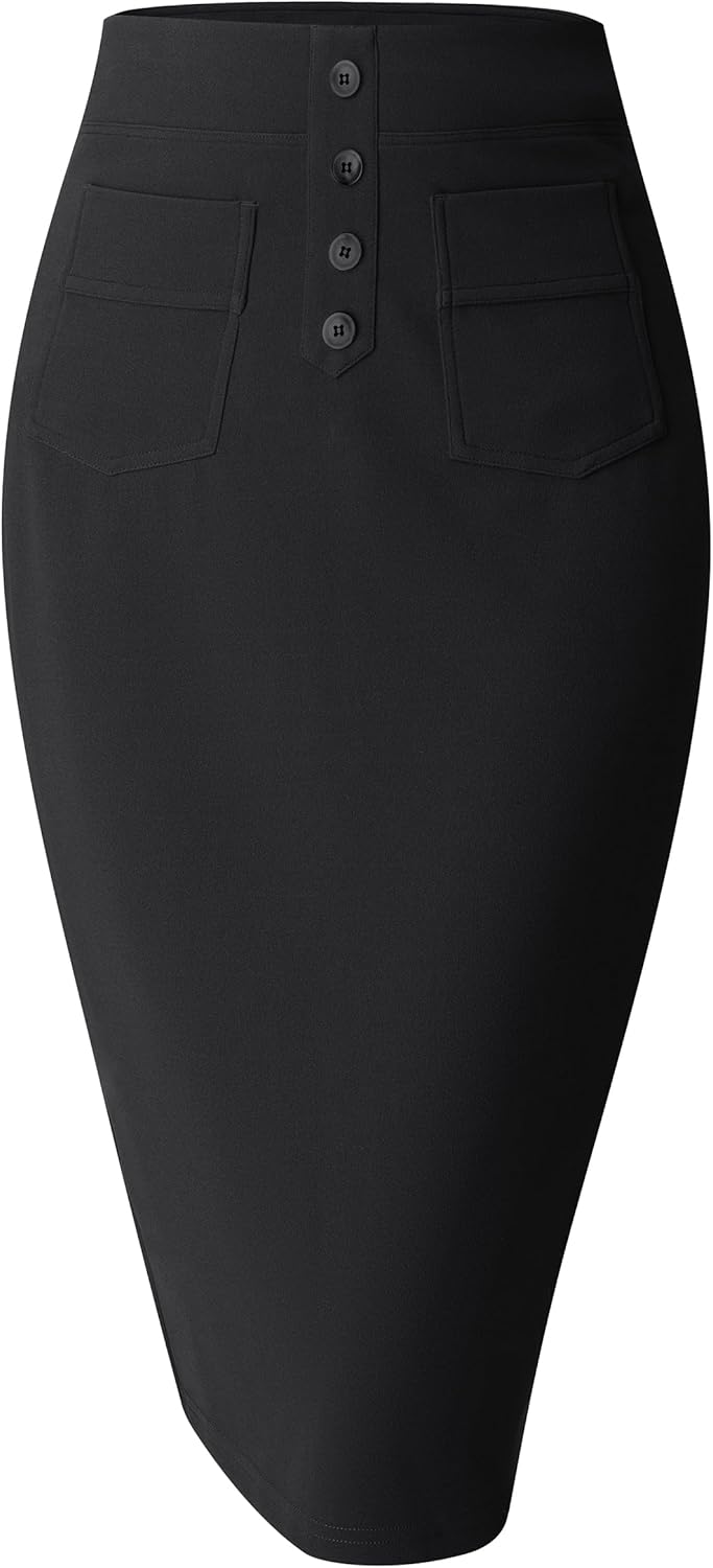 Women Pencil Skirt Stretch High Waist Below Knee Bodycon for Office Casual with Patch Pockets