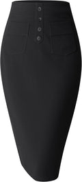Women Pencil Skirt Stretch High Waist Below Knee Bodycon for Office Casual with Patch Pockets