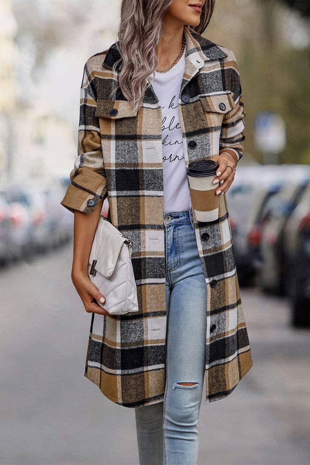 Women Plaid  2024 Long Sleeve Button Up Flannel Shirt Winter Tartan Jacket Woolen Coats