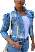Women Ripped Puff Sleeve Denim Crop Top Long-Sleeve Cropped Jean Jacket