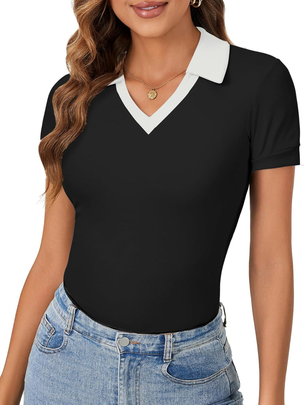 Women Short Sleeve V Neck T Shirts Ribbed Knit Slim Fit Tee Top Stripes Collar Polo Shirt