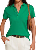 Women Short Sleeve Polo Shirts 2025 Summer Collared V Neck Button Down Blouse Business Casual Tops