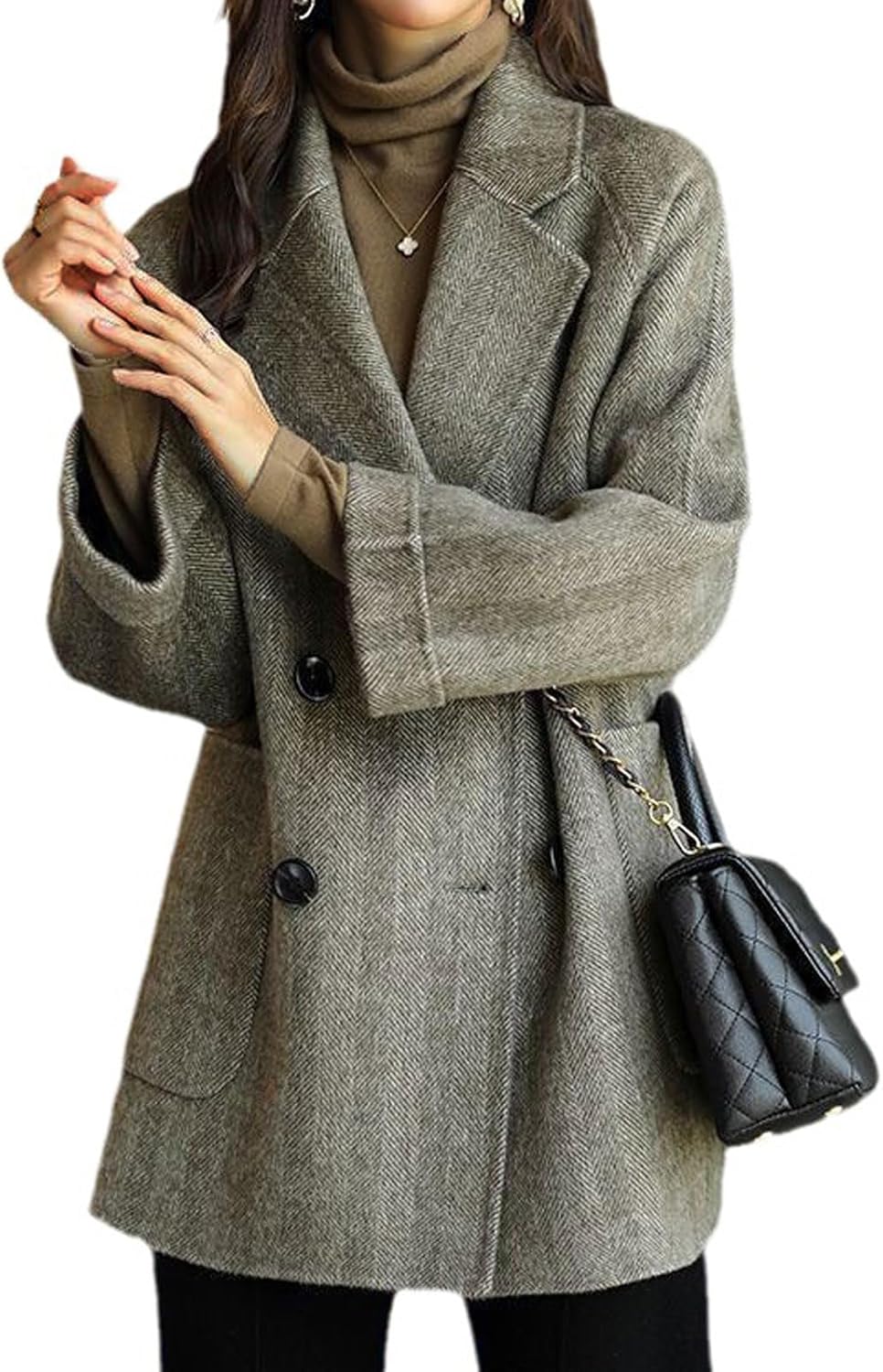 Women Wool Coat Peacoat Jacket Thick Loose Double Breasted Pea Coat Woolen Winter Overcoat