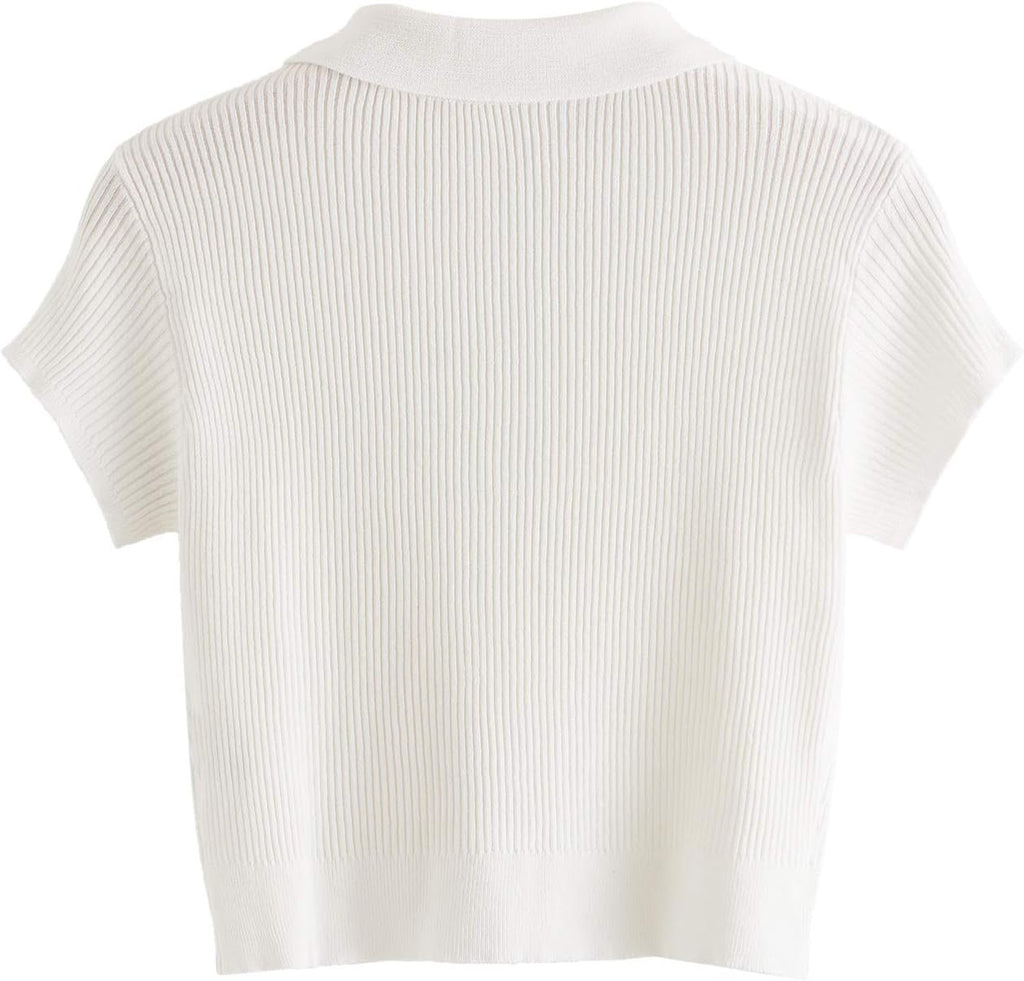 Women Collar Half Button Short Sleeve Striped Crop Top T-Shirts