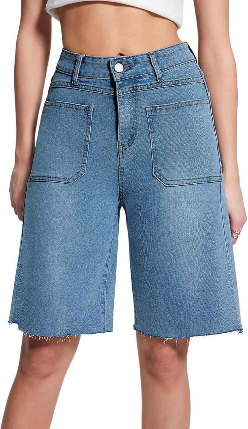 Women Front Pockets Denim Long Shorts Jorts Cargo Baggy Bermuda Jean Shorts Knee Length