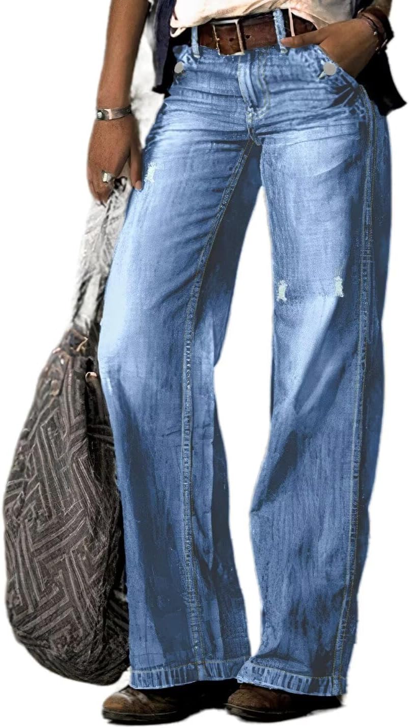 Straight Leg Jeans for Women Ripped Raw Hem Mid Waisted Bootcut Jeans Without Belts