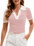Women Short Sleeve Striped Knit Polo Crop Shirt Tops Vintage Collar V Neck Slim Fit T-Shirt Aesthetic Going Out