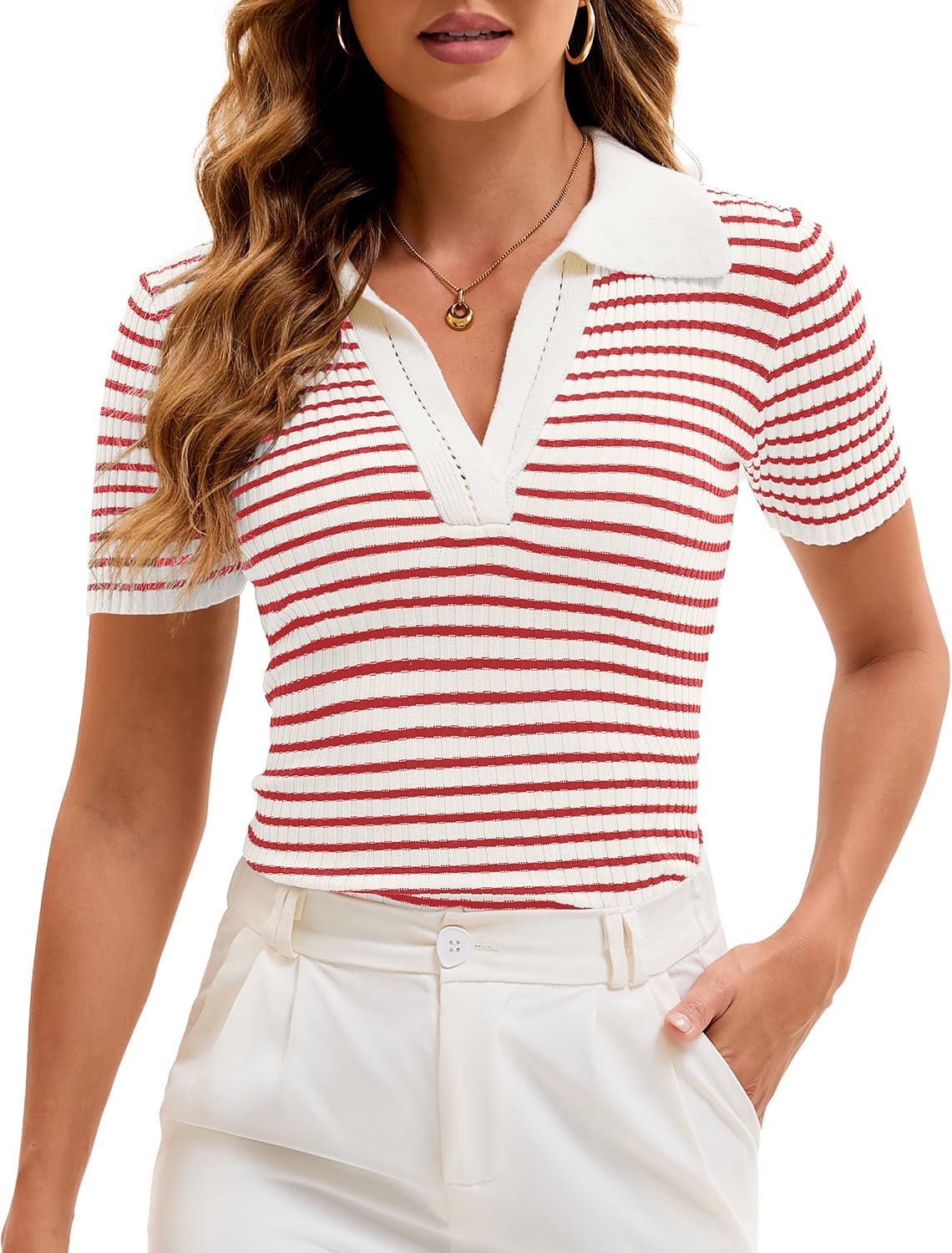 Women Short Sleeve Striped Knit Polo Crop Shirt Tops Vintage Collar V Neck Slim Fit T-Shirt Aesthetic Going Out