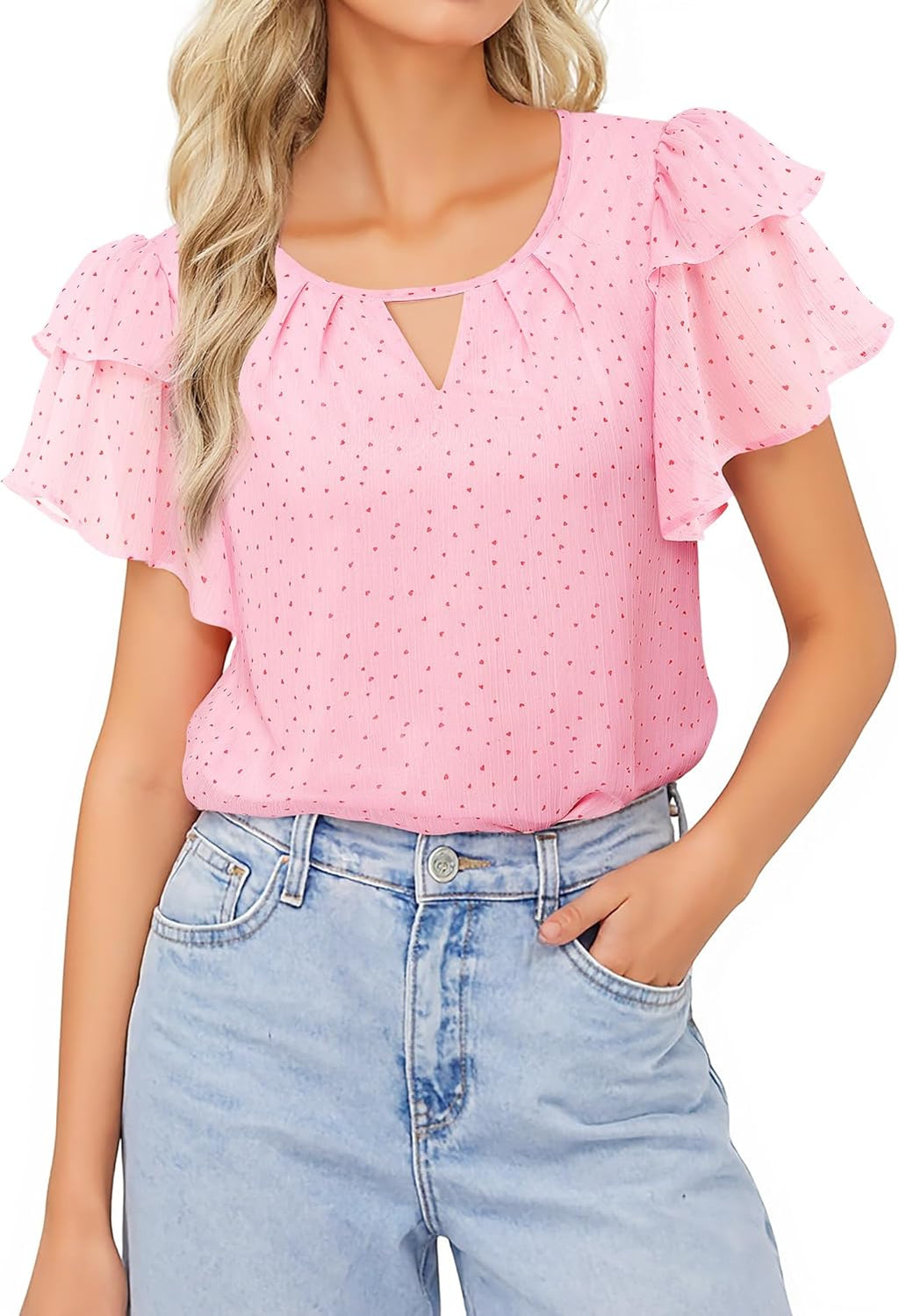 Women Blouses Dressy Casual Summer Tops Chiffon Puff Ruffle Short Sve V Neck Work Shirts