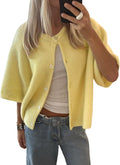 Women  Knitted Crop Cardigan Short Sleeve Button Up Rib Knit Solid Color Cute Sweater Shirt