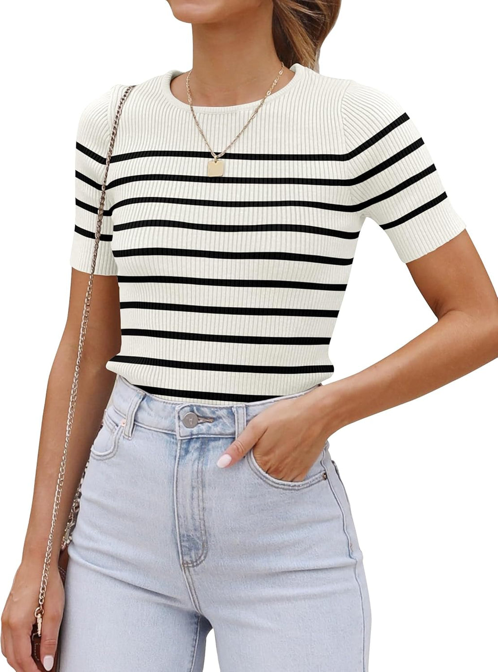 Women Short Sleeve Crewneck Striped T Shirt 2025 Summer Ribbed Knit Slim Fit Casual Basic Tee Tops
