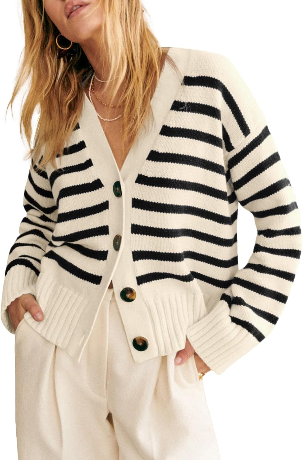 Women Striped Cardigan Sweaters V Neck Button Down Long Sleeve Open Front Ribbed Knit Outerwear