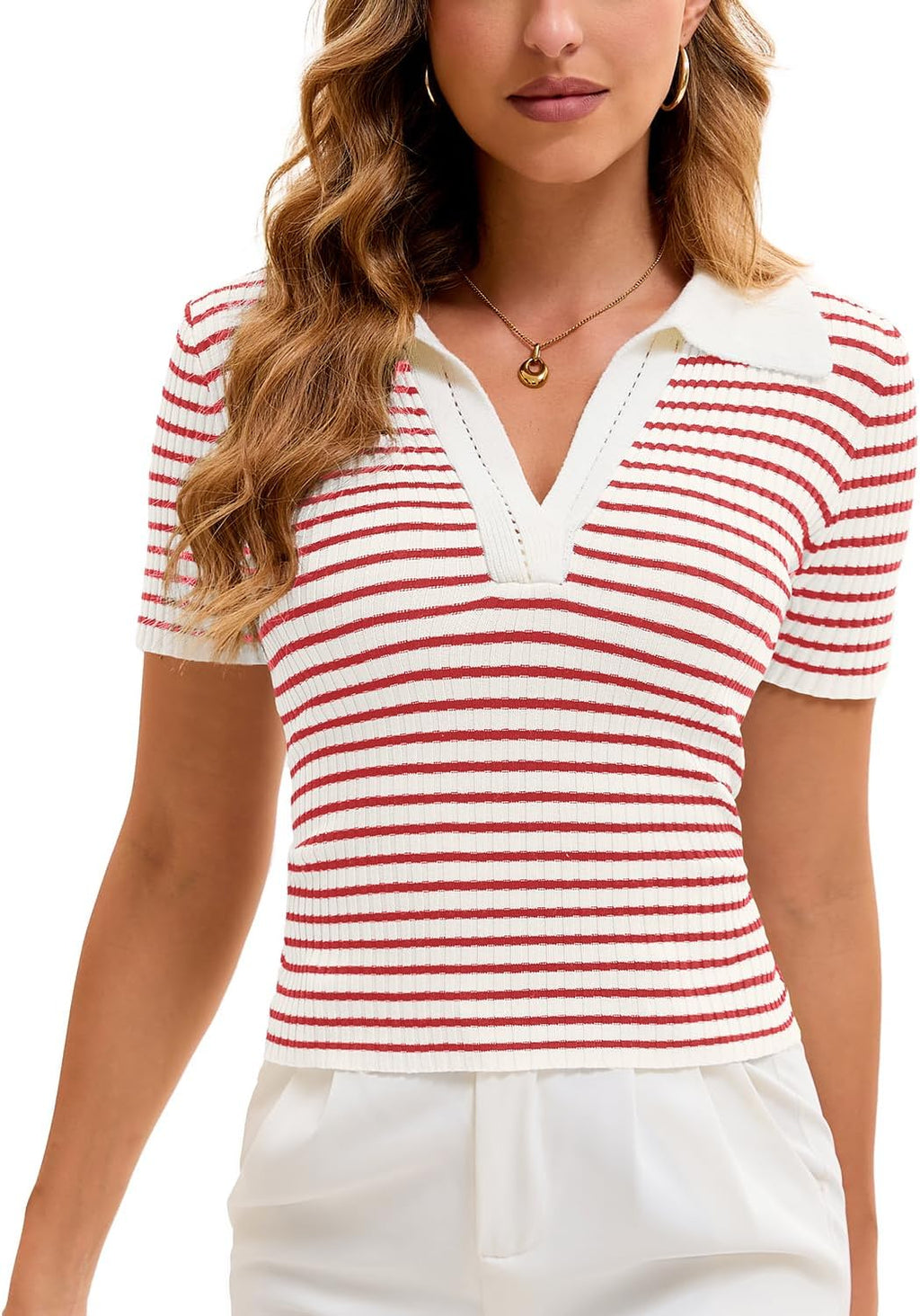 Women Short Sleeve Striped Knit Polo Crop Shirt Tops Vintage Collar V Neck Slim Fit T-Shirt Aesthetic Going Out