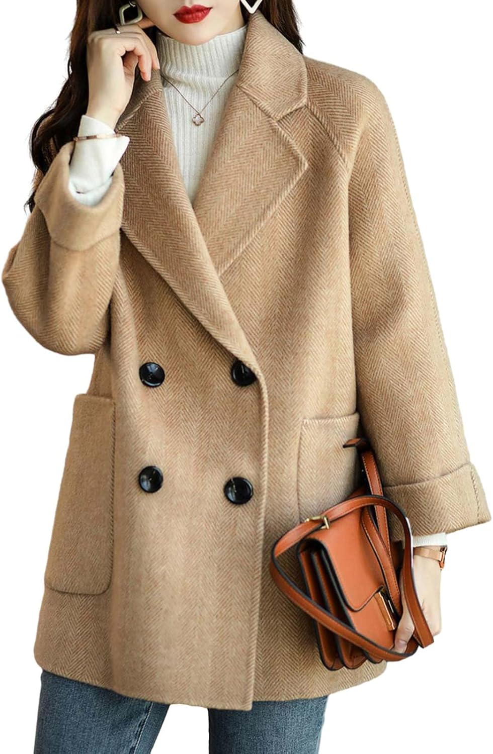 Women Wool Coat Peacoat Jacket Thick Loose Double Breasted Pea Coat Woolen Winter Overcoat