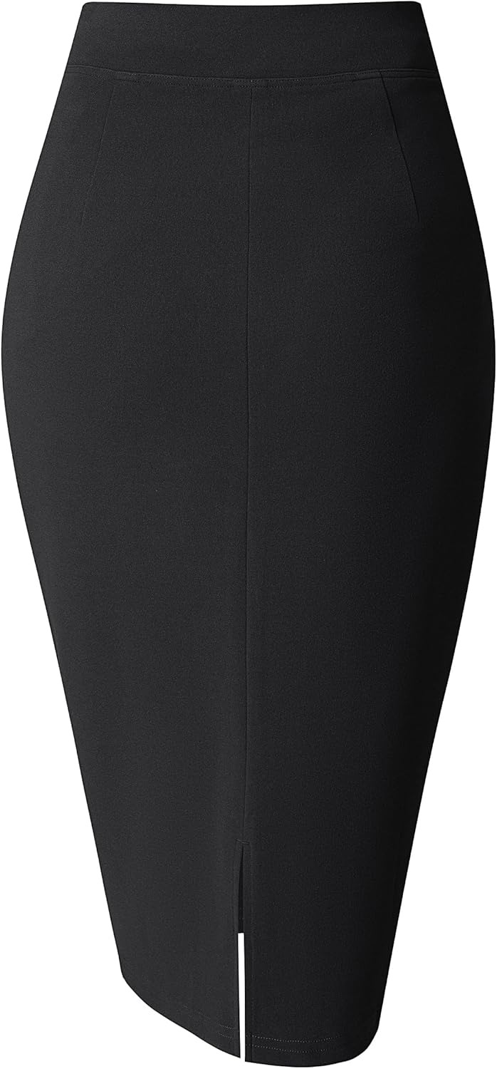 Women Pencil Skirt Stretch High Waist Below Knee Bodycon for Office Casual with Patch Pockets
