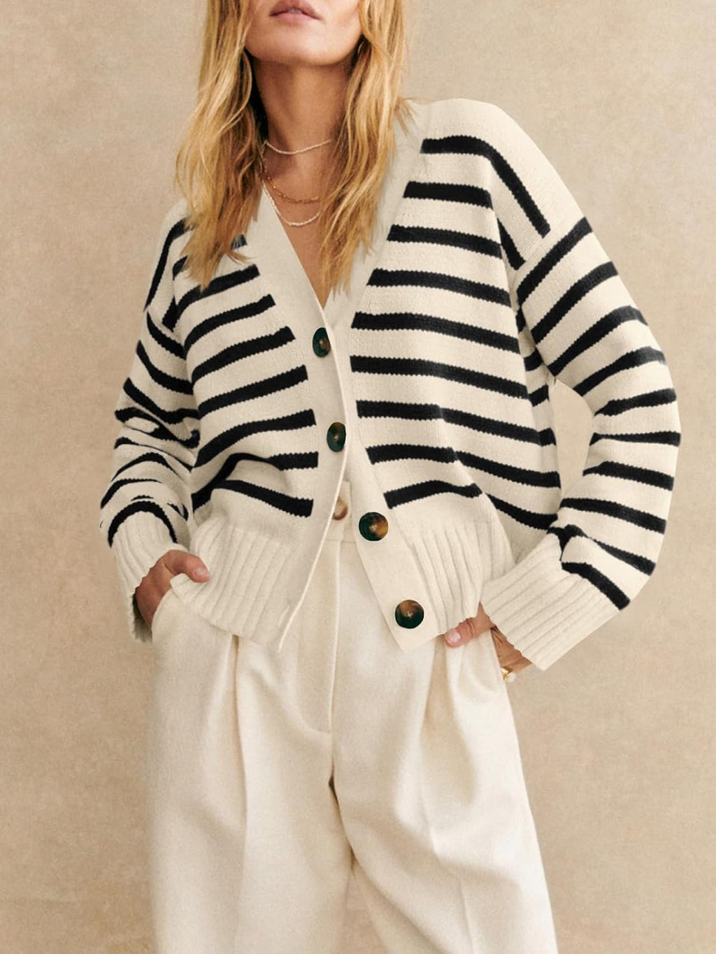 Women Striped Cardigan Sweaters V Neck Button Down Long Sleeve Open Front Ribbed Knit Outerwear
