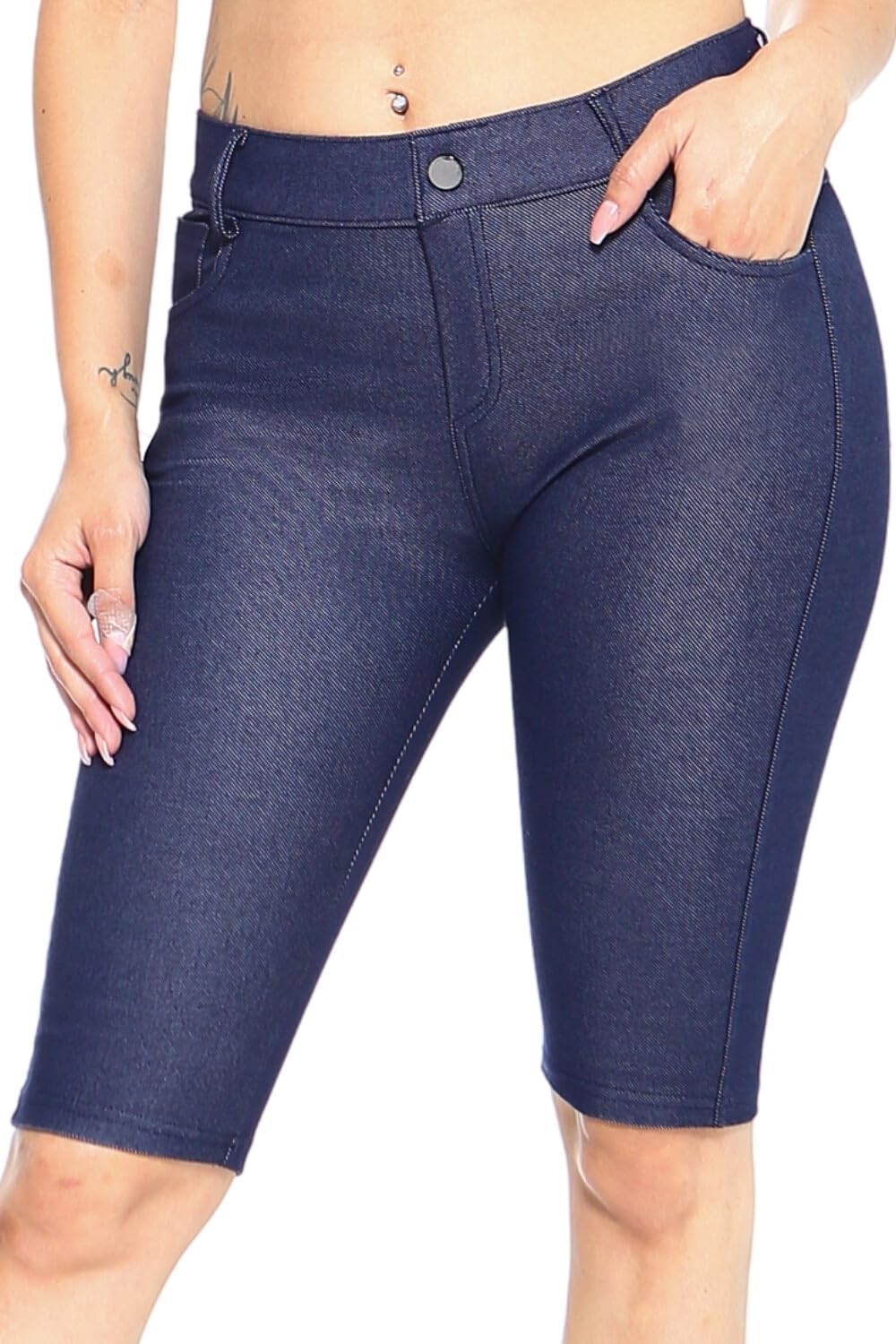 Women Cotton 5 Pocket Bermuda Shorts No Muffin Top Pull On Knee Length Jeggings Stretchy Jean Leggings