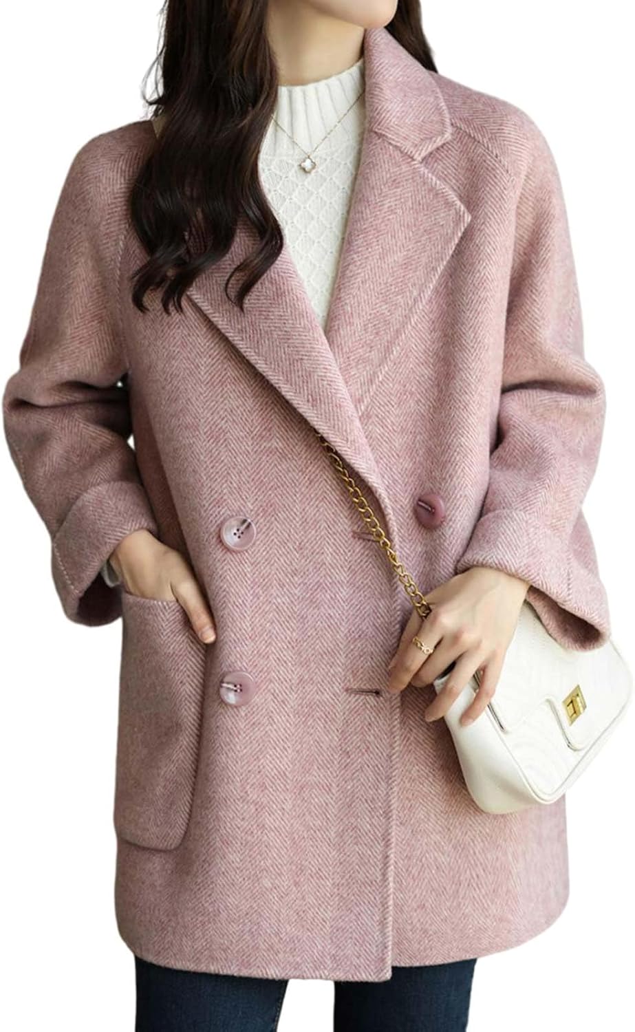 Women Wool Coat Peacoat Jacket Thick Loose Double Breasted Pea Coat Woolen Winter Overcoat