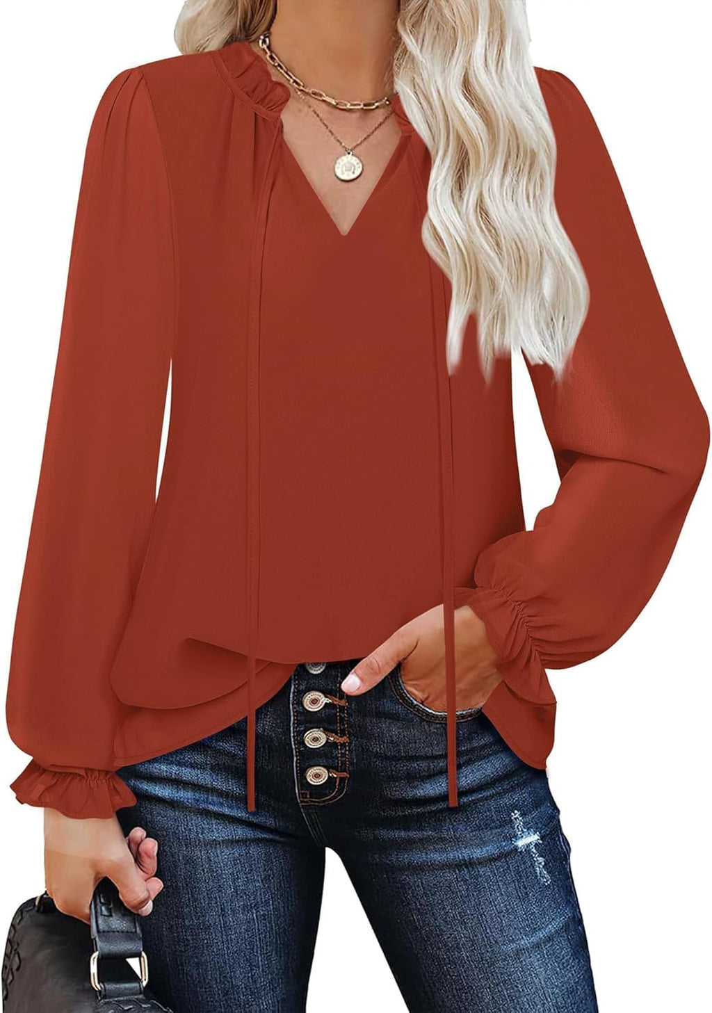 Women Business Casual Blouses Ruffle V Neck Work Dressy Shirts Long Sve Chifffon Tunic Tops