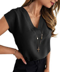 Women V Neck Tops Cap Sve Chiffon Blouses Summer Business Work Shirts