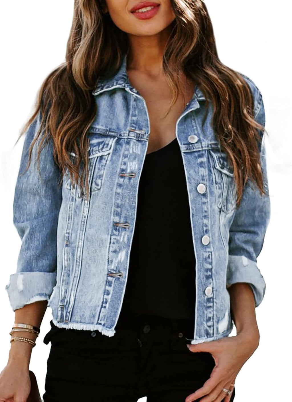 Women Denim Jacket Long Sleeve Button Distressed Ripped  Jean Coat